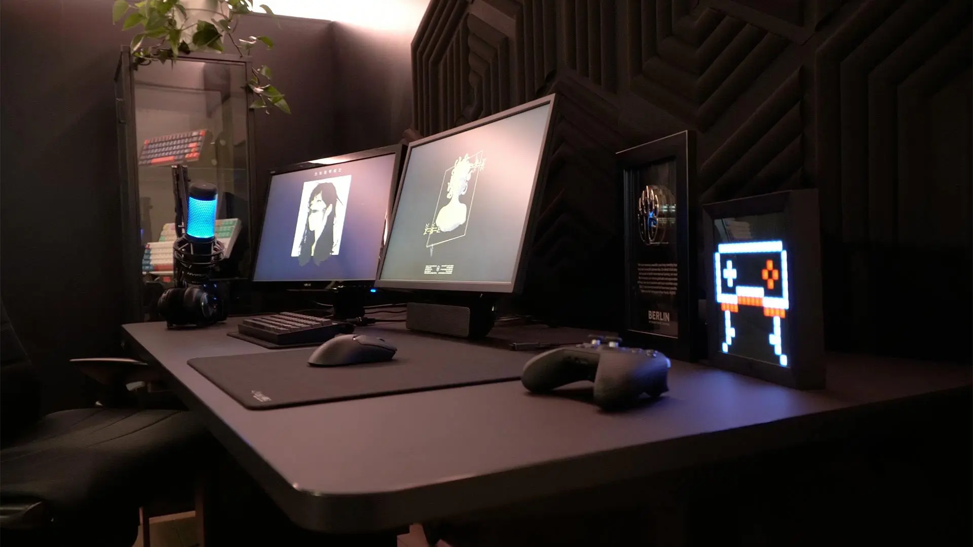 Clean dual monitor gaming desk setup with RGB lighting